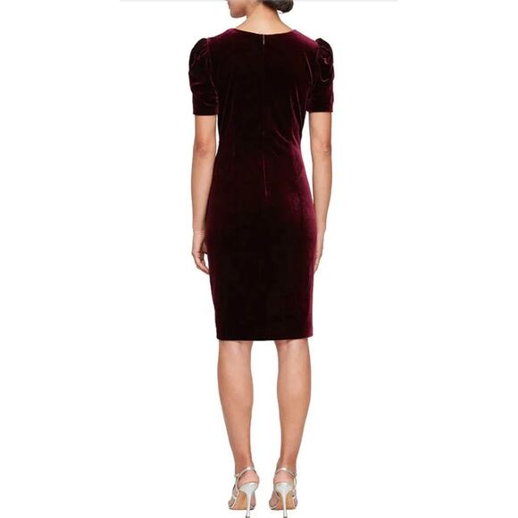 Alex Evenings Velvet Embellished Puff Sleeve Ruched Cocktail Dress | Sz 10 Wine - Picture 3 of 9